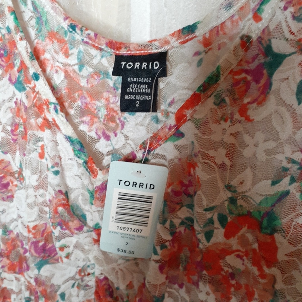 Torrid Women’s Sheer Floral V-Neck Blouse w/ Orange, Green, Cream Torrid size 2‎ - Picture 7 of 8